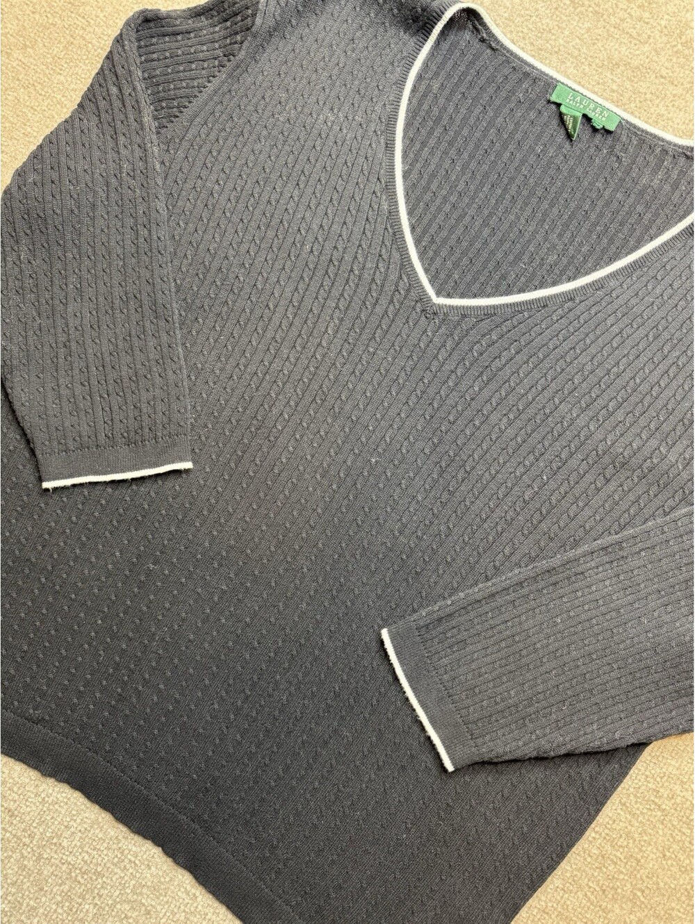 Ralph Lauren Women's 2X Cable Knit V-Neck Sweater Blk (1152)